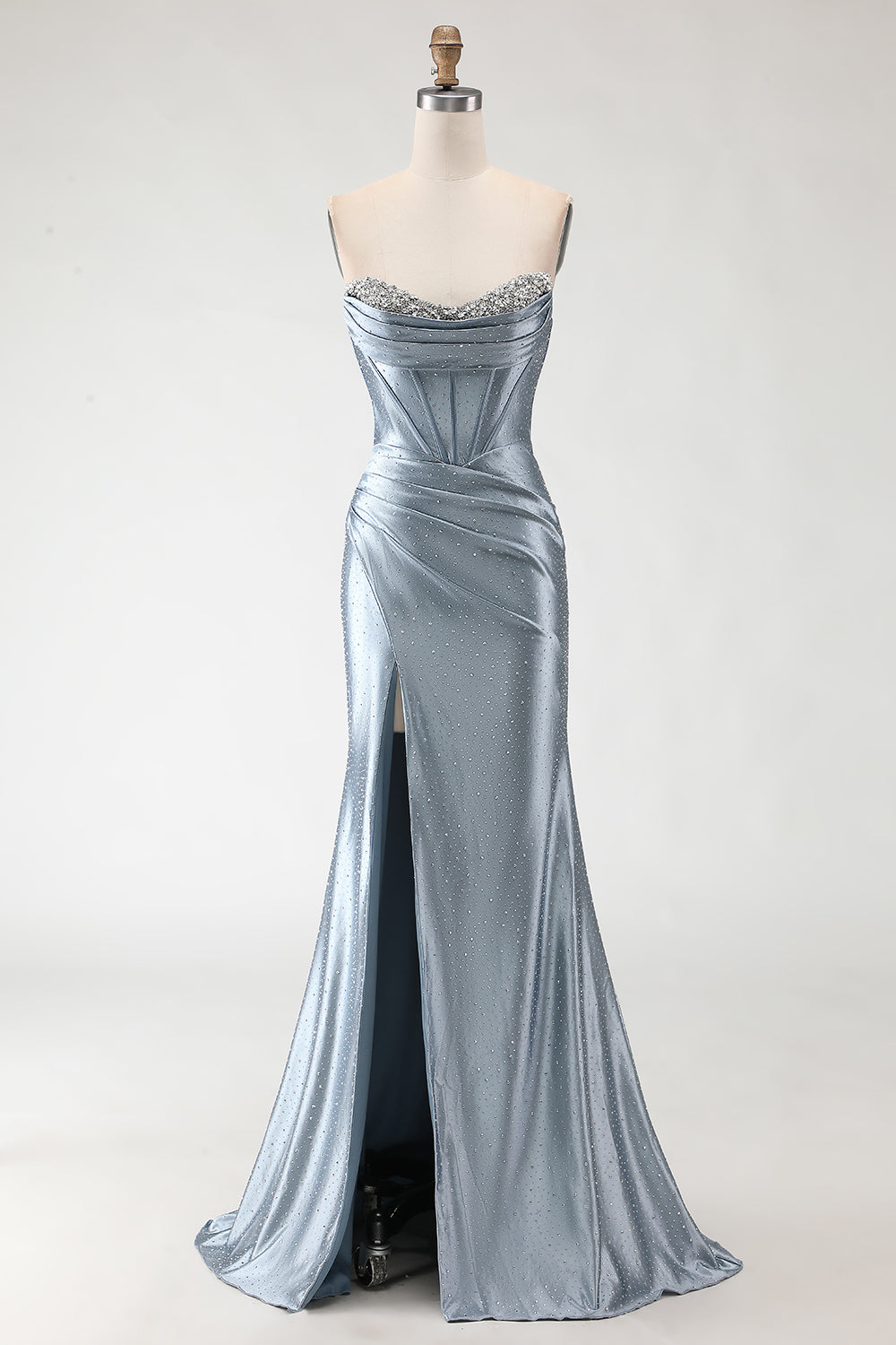 Sparkly Grey Blue Beaded Mermaid Long Corset Prom Dress with Slit