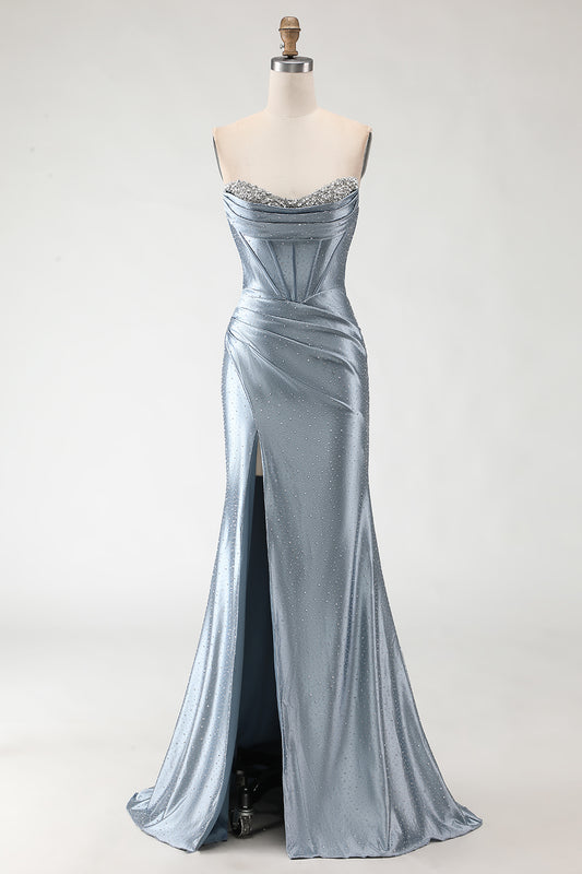 Sparkly Grey Blue Beaded Mermaid Long Corset Prom Dress with Slit