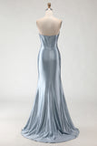 Sparkly Grey Blue Beaded Mermaid Long Corset Prom Dress with Slit
