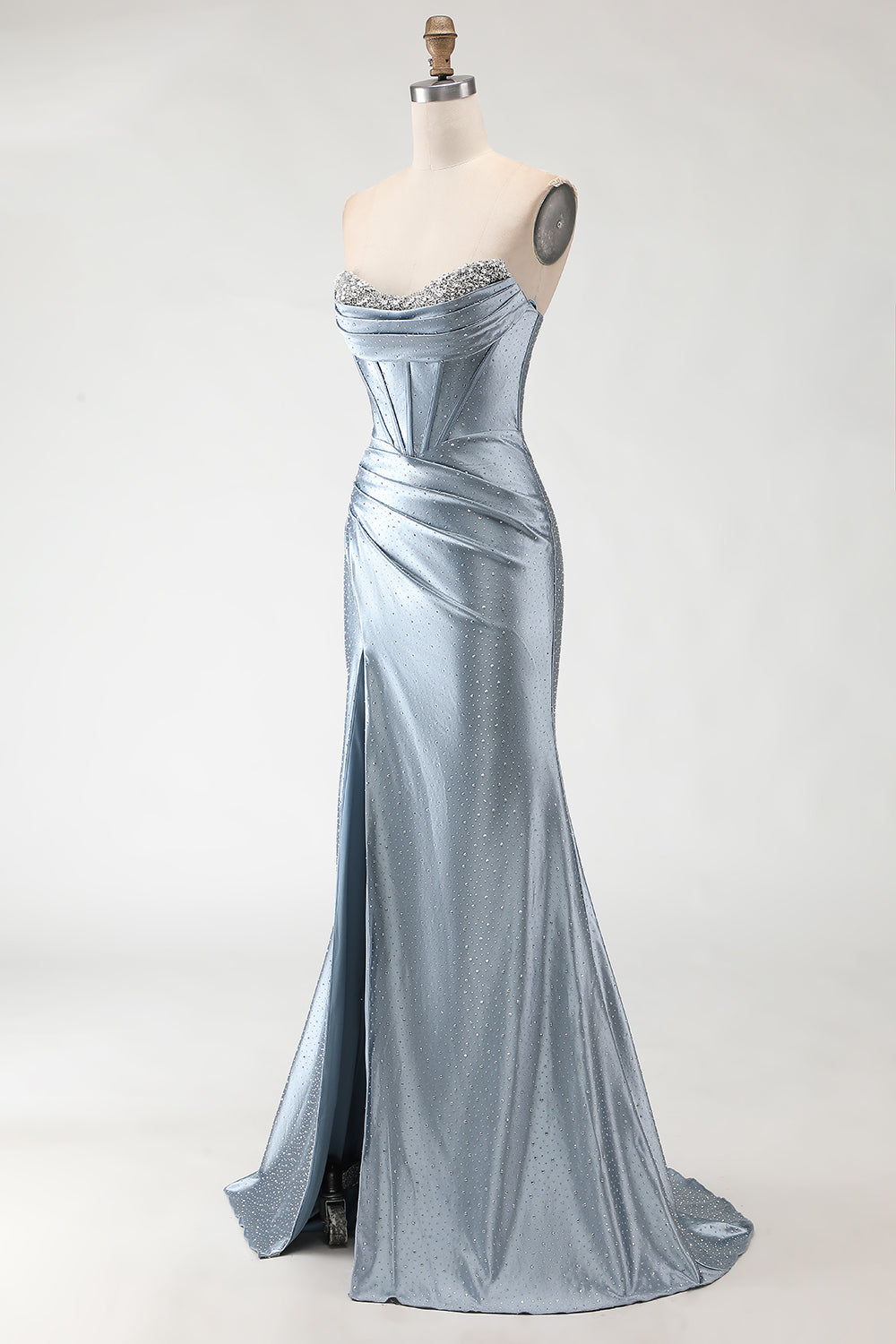 Sparkly Grey Blue Beaded Mermaid Long Corset Prom Dress with Slit