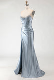 Sparkly Grey Blue Beaded Mermaid Long Corset Prom Dress with Slit