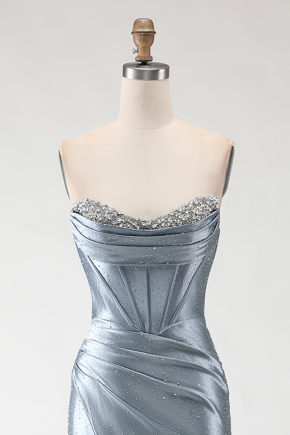 Sparkly Grey Blue Beaded Mermaid Long Corset Prom Dress with Slit