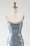 Sparkly Grey Blue Beaded Mermaid Long Corset Prom Dress with Slit