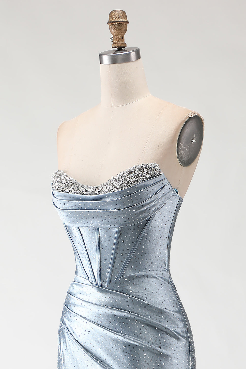Sparkly Grey Blue Beaded Mermaid Long Corset Prom Dress with Slit
