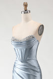 Sparkly Grey Blue Beaded Mermaid Long Corset Prom Dress with Slit