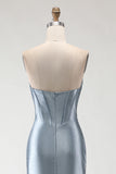 Sparkly Grey Blue Beaded Mermaid Long Corset Prom Dress with Slit