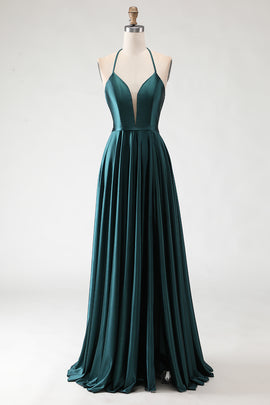 Sparkly Dark Green Halter Neck A Line Long Prom Dress with Slit