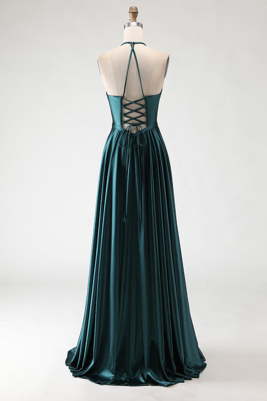 Sparkly Dark Green Halter Neck A Line Long Prom Dress with Slit