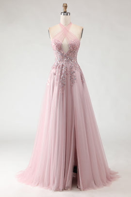 Sparkly Blush Pink A-Line Tulle Long Prom Dress with Appliques