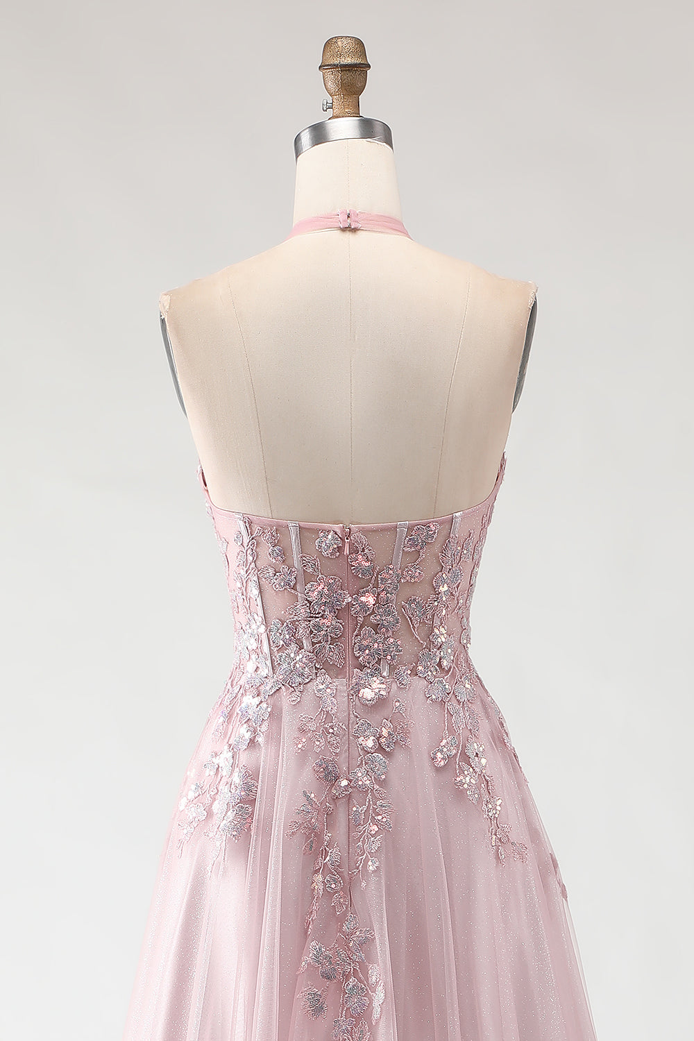 Sparkly Blush Pink A-Line Tulle Long Prom Dress with Appliques