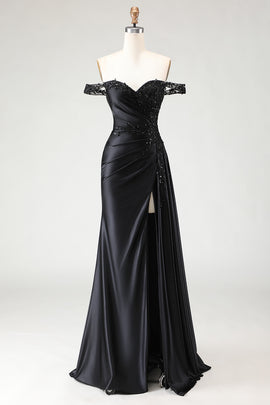 Sparkly Black Off the Shoulder Mermaid Long Prom Dress with Slit
