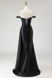 Sparkly Black Off the Shoulder Mermaid Long Prom Dress with Slit