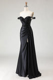 Sparkly Black Off the Shoulder Mermaid Long Prom Dress with Slit