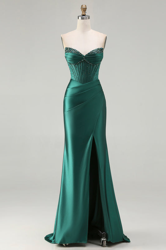 Sparkly Dark Green Beaded Mermaid Long Corset Prom Dress with Slit