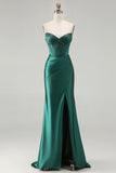 Sparkly Dark Green Beaded Mermaid Long Corset Prom Dress with Slit