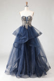 Sparkly Floral Navy A Line Ruffled Princess Long Prom Dress with Appliques