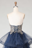 Sparkly Floral Navy A Line Ruffled Princess Long Prom Dress with Appliques