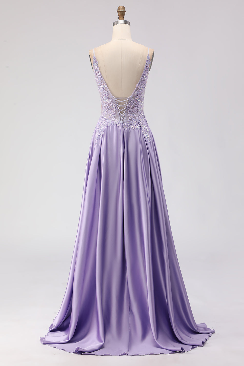 Sparkly Purple Satin A Line Appliqued Long Prom Dress with Slit