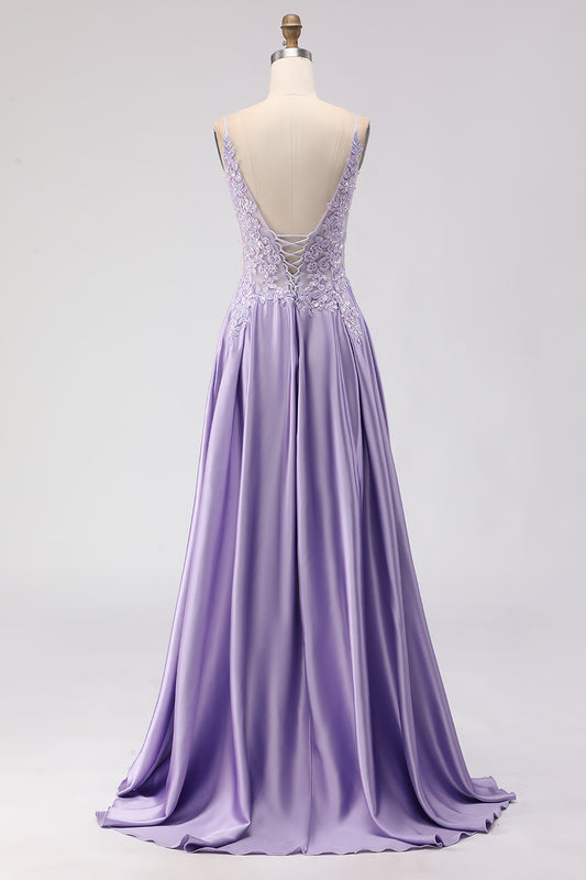 Sparkly Purple Satin A Line Appliqued Long Prom Dress with Slit