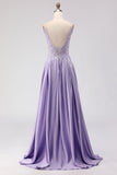 Sparkly Purple Satin A Line Appliqued Long Prom Dress with Slit
