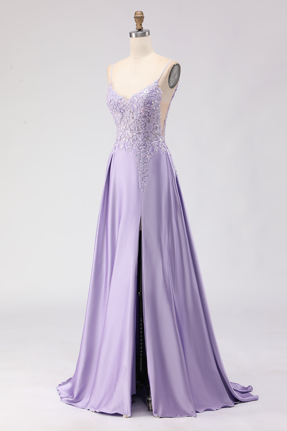 Sparkly Purple Satin A Line Appliqued Long Prom Dress with Slit