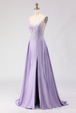 Sparkly Purple Satin A Line Appliqued Long Prom Dress with Slit