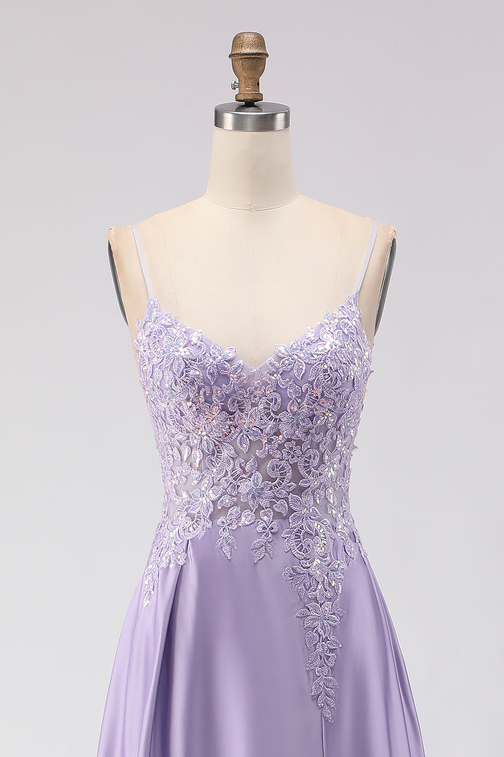 Sparkly Purple Satin A Line Appliqued Long Prom Dress with Slit