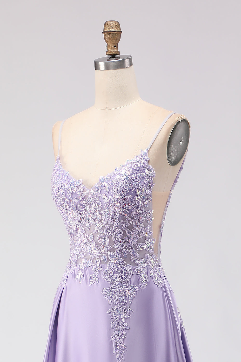 Sparkly Purple Satin A Line Appliqued Long Prom Dress with Slit