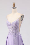 Sparkly Purple Satin A Line Appliqued Long Prom Dress with Slit