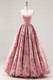 Floral Pink A Line Jacquard Strapless Long Corset Prom Dress