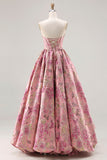 Floral Pink A Line Jacquard Strapless Long Corset Prom Dress