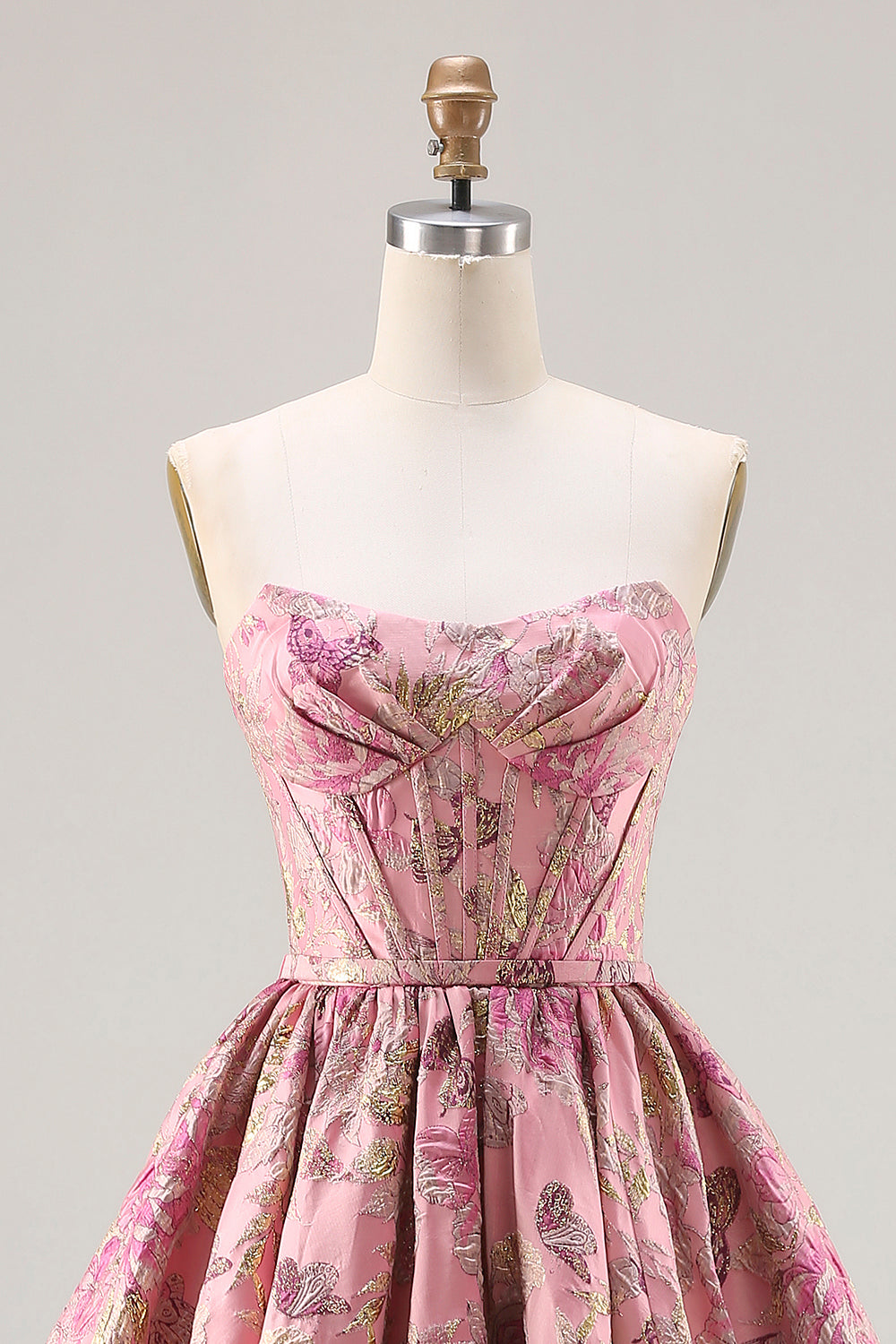 Floral Pink A Line Jacquard Strapless Long Corset Prom Dress