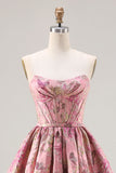 Floral Pink A Line Jacquard Strapless Long Corset Prom Dress