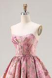 Floral Pink A Line Jacquard Strapless Long Corset Prom Dress