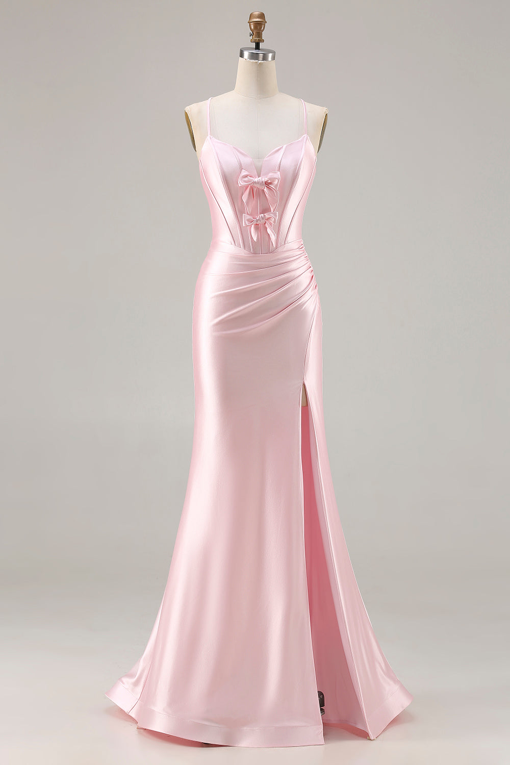 Sparkly Pink Satin Mermaid Ruched Long Corset Prom Dress with Bows