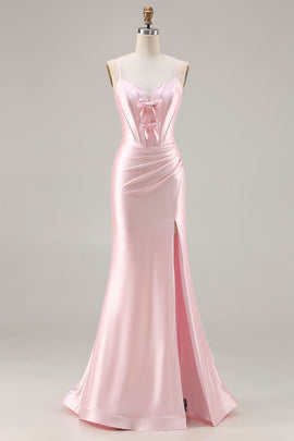 Sparkly Pink Satin Mermaid Ruched Long Corset Prom Dress with Bows