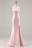 Sparkly Pink Satin Mermaid Ruched Long Corset Prom Dress with Bows