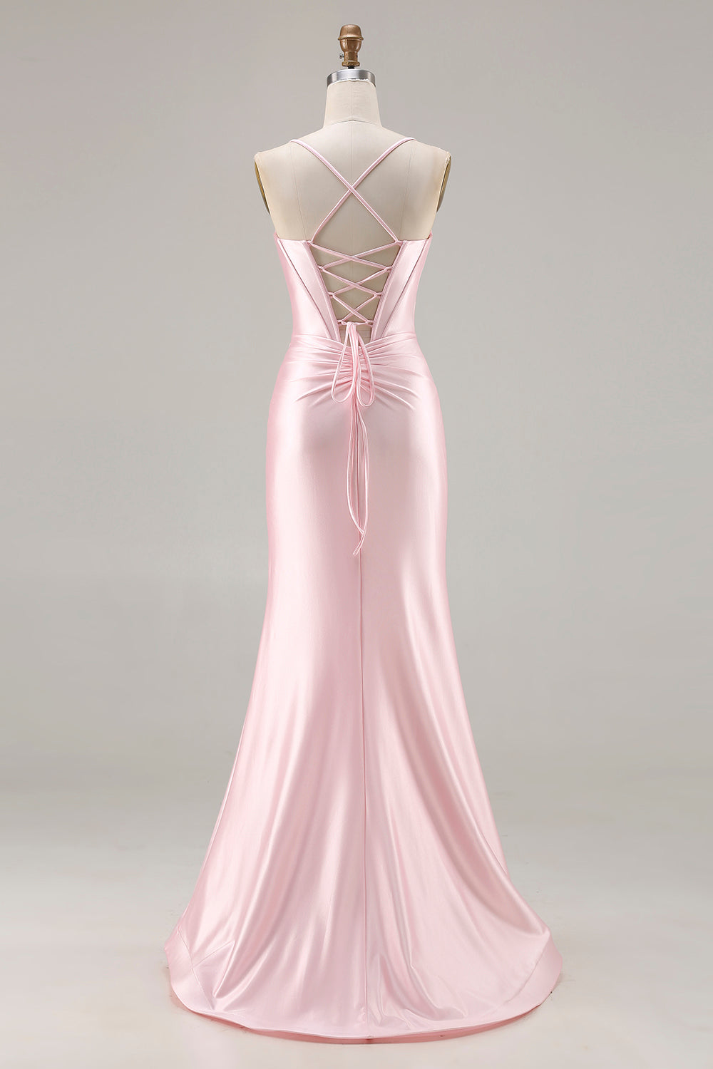 Sparkly Pink Satin Mermaid Ruched Long Corset Prom Dress with Bows