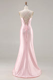 Sparkly Pink Satin Mermaid Ruched Long Corset Prom Dress with Bows