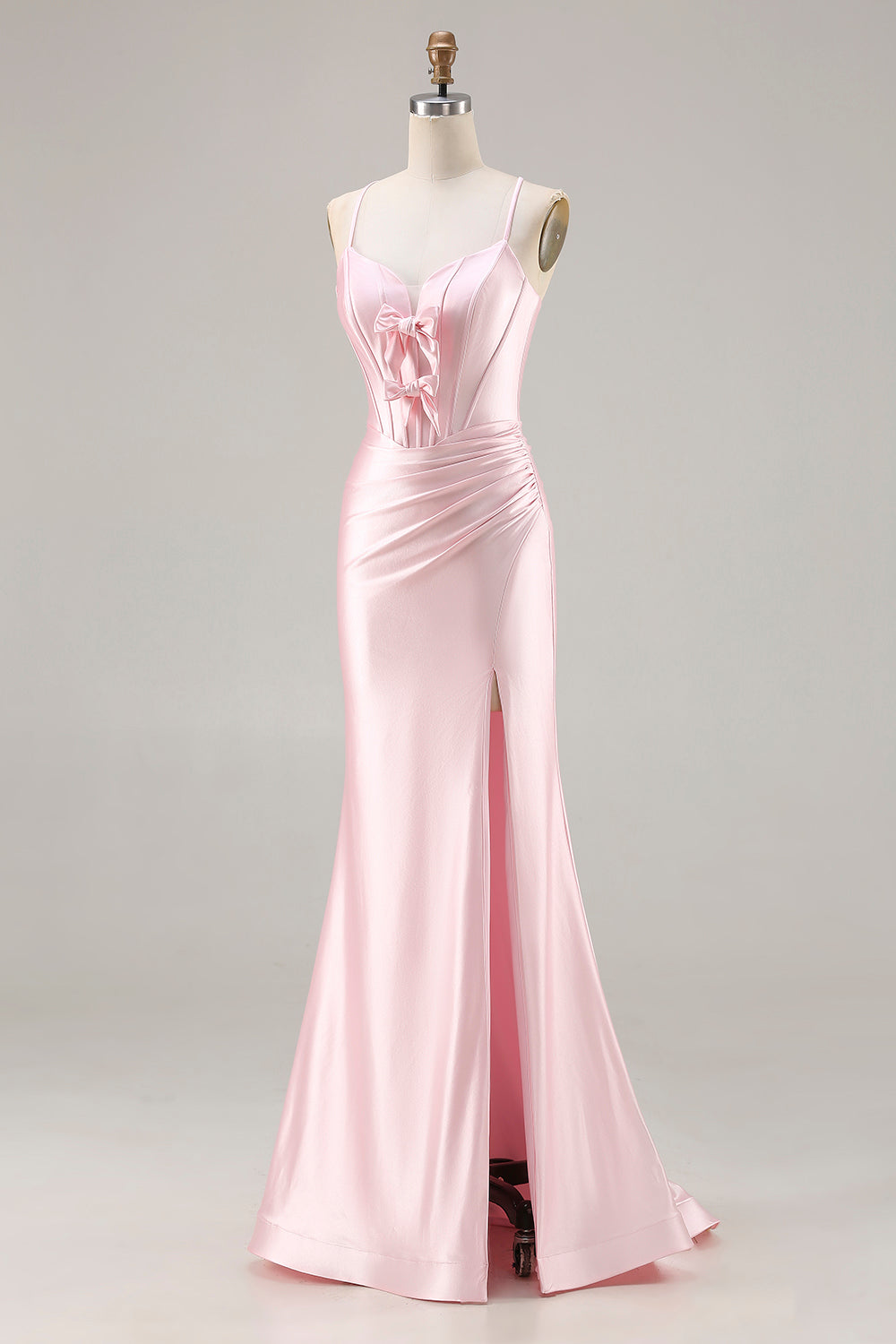 Sparkly Pink Satin Mermaid Ruched Long Corset Prom Dress with Bows