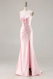 Sparkly Pink Satin Mermaid Ruched Long Corset Prom Dress with Bows