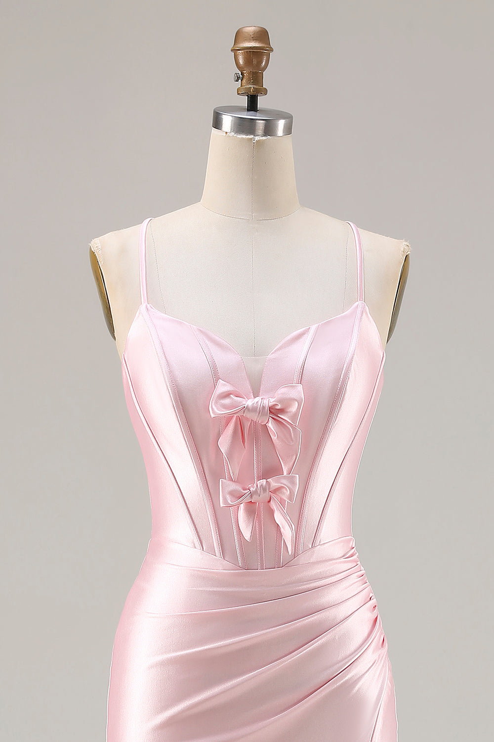 Sparkly Pink Satin Mermaid Ruched Long Corset Prom Dress with Bows