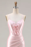 Sparkly Pink Satin Mermaid Ruched Long Corset Prom Dress with Bows