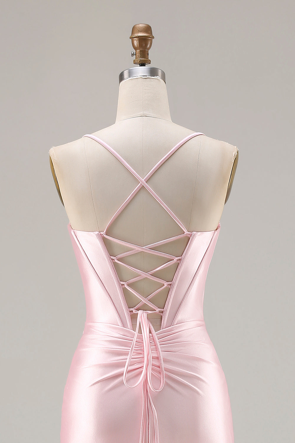 Sparkly Pink Satin Mermaid Ruched Long Corset Prom Dress with Bows