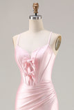 Sparkly Pink Satin Mermaid Ruched Long Corset Prom Dress with Bows