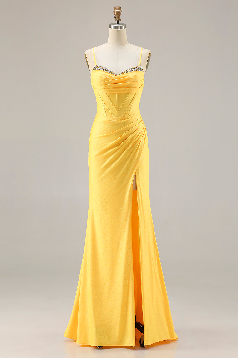 Sparkly Yellow Mermaid Ruched Long Corset Prom Dress with Beading
