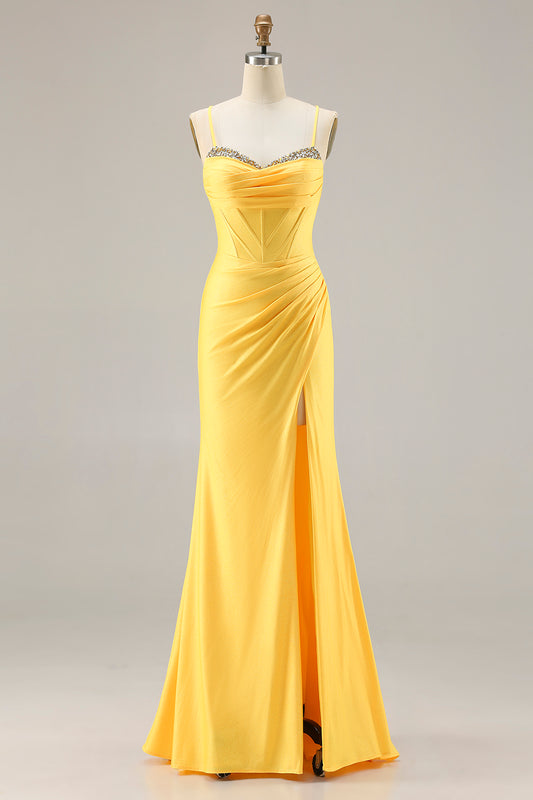 Sparkly Yellow Mermaid Ruched Long Corset Prom Dress with Beading