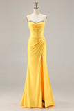 Sparkly Yellow Mermaid Ruched Long Corset Prom Dress with Beading