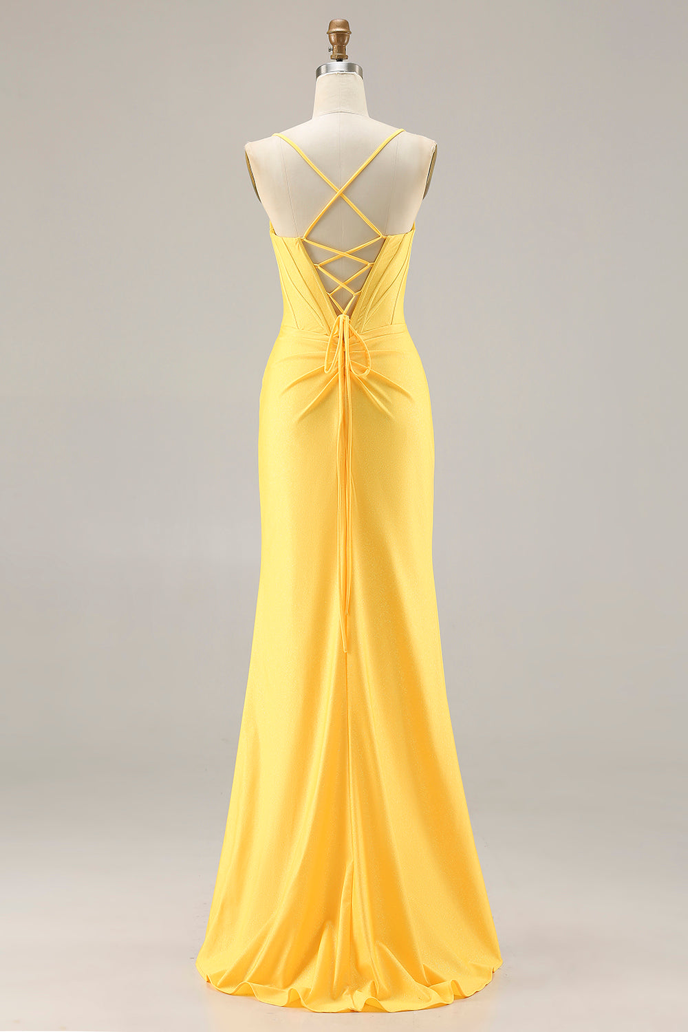 Sparkly Yellow Mermaid Ruched Long Corset Prom Dress with Beading