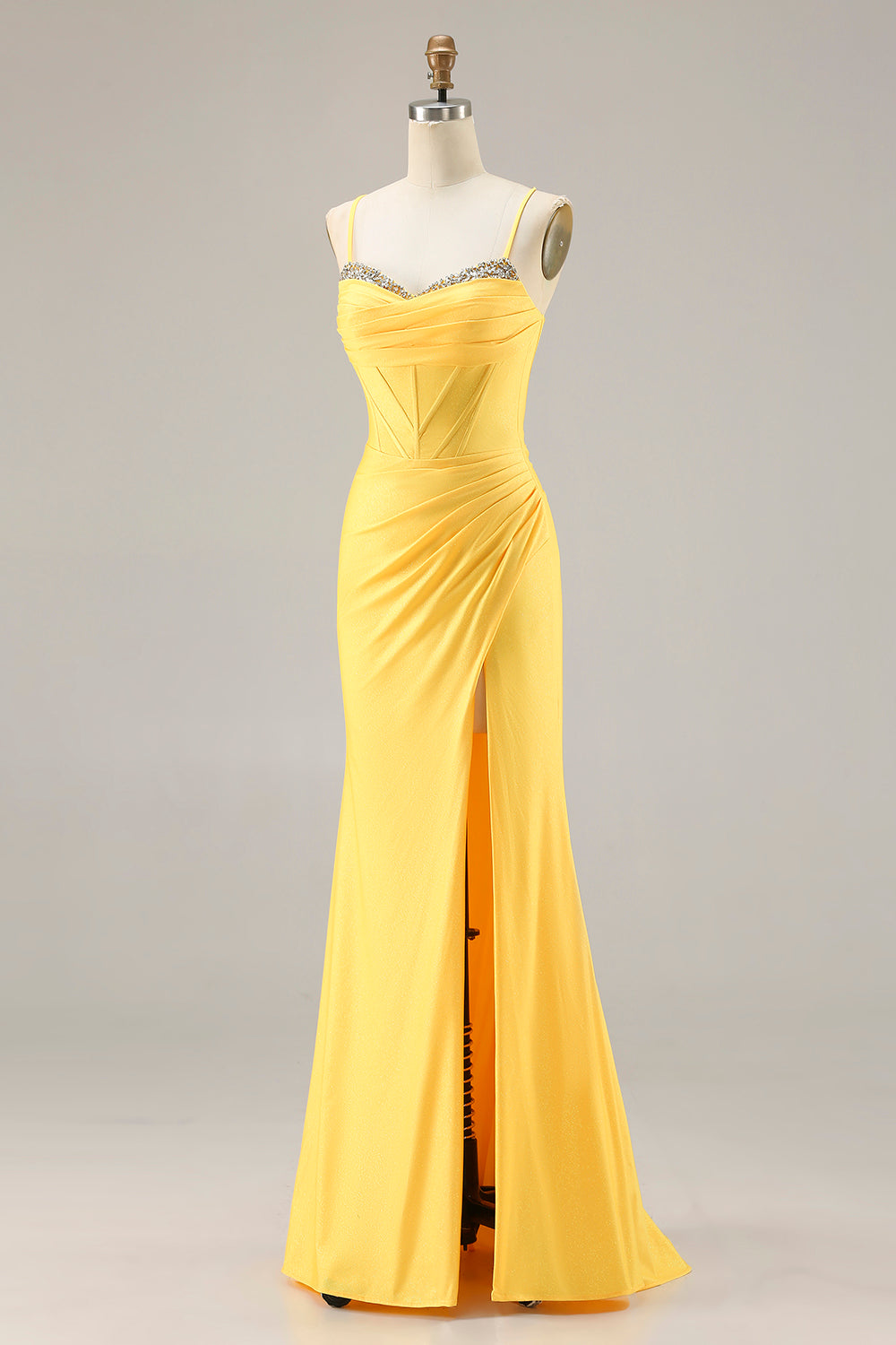 Sparkly Yellow Mermaid Ruched Long Corset Prom Dress with Beading